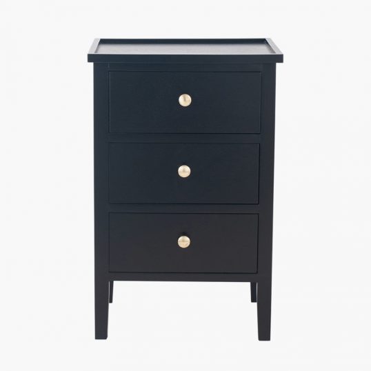 Chelmsford Satin Black Pine Wood 3 Drawer Bedside Unit