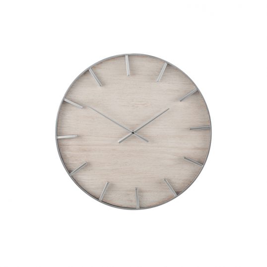 Silver Metal and White Wash Wood Round Wall Clock